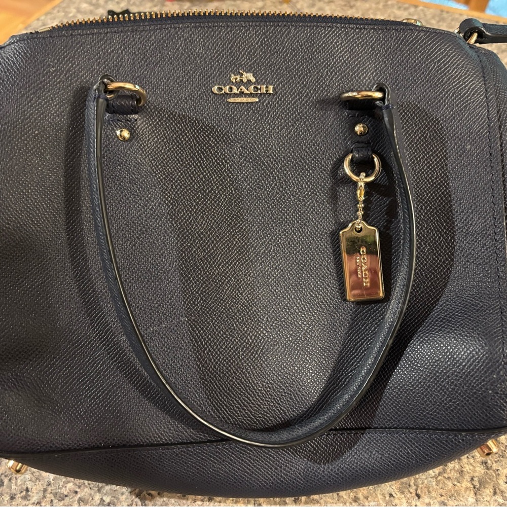 Coach Navy Leather Satchel with Gold Hardware and Tag Charm